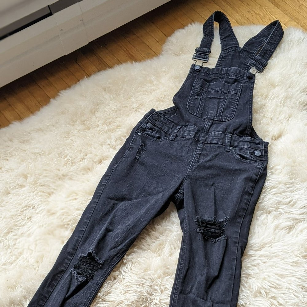 Black jean distressed overalls size 0